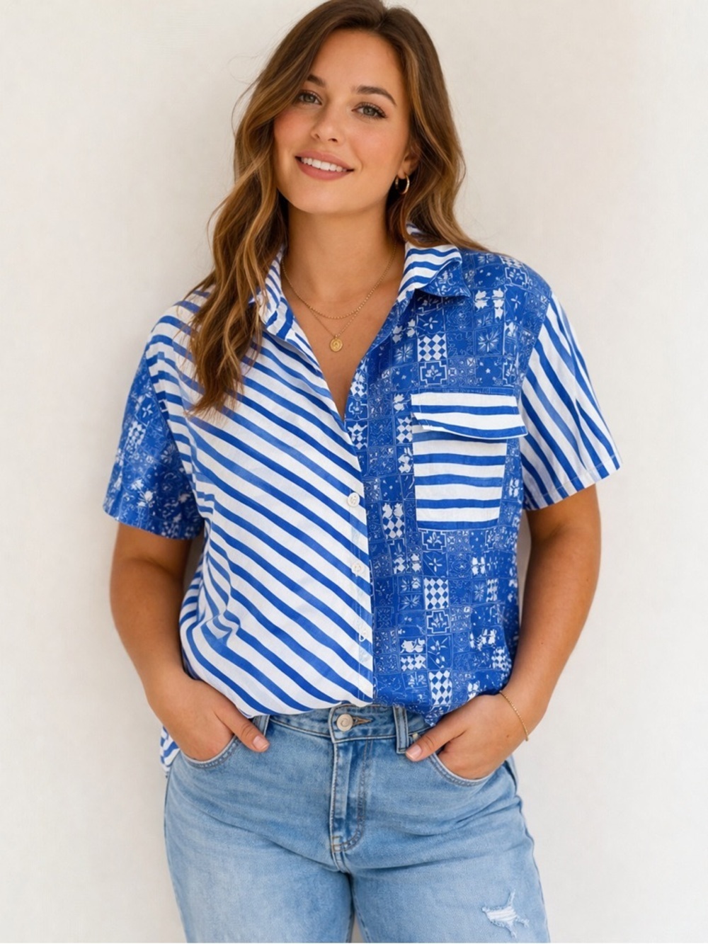 Solid & Striped coastal print blue button down size small short sleeve